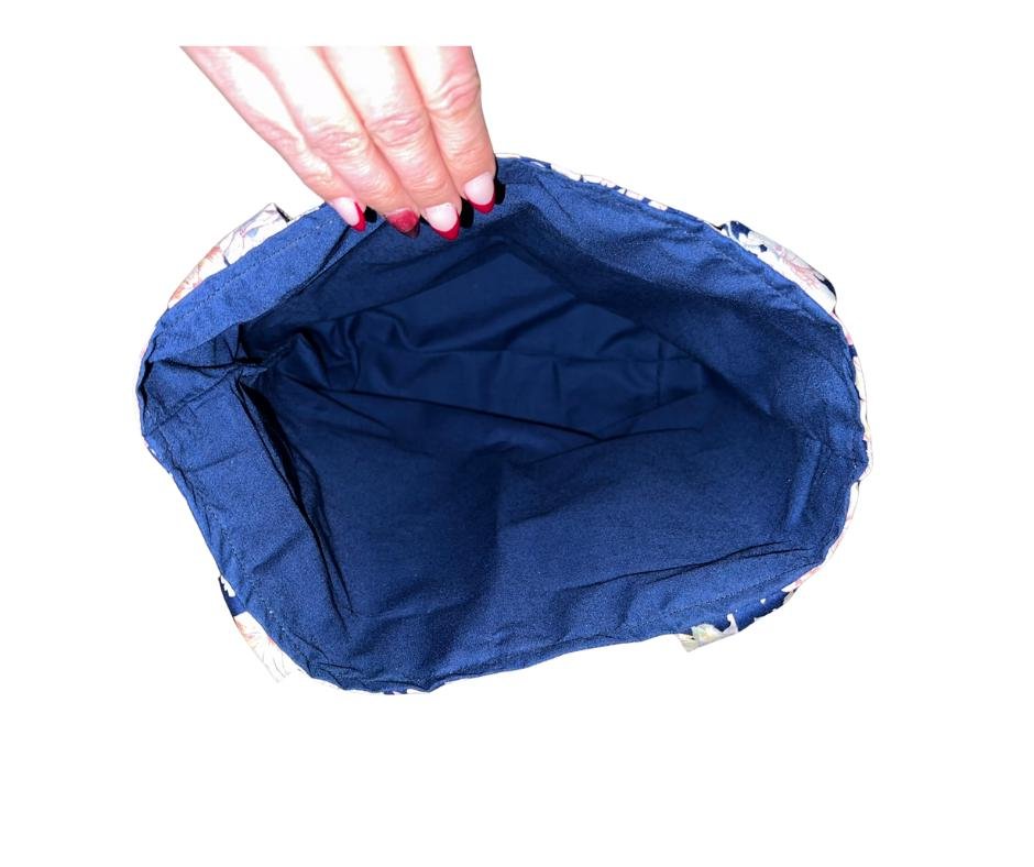 Hand sewn fabric floral tote bag lined with navy blue fabric - Image 4