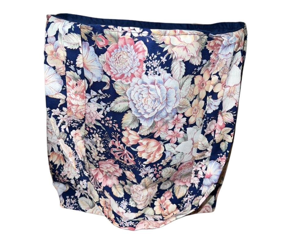 Hand sewn fabric floral tote bag lined with navy blue fabric - Image 3
