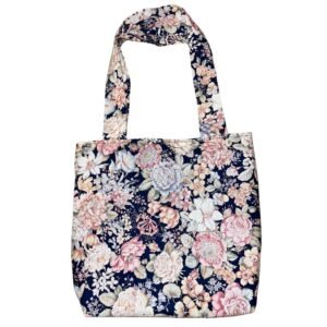 Hand sewn fabric floral tote bag lined with navy blue fabric