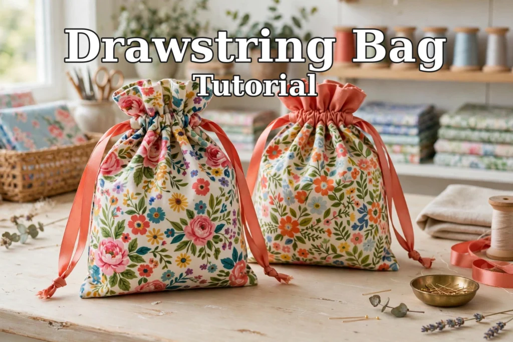 Finished handmade floral drawstring bags