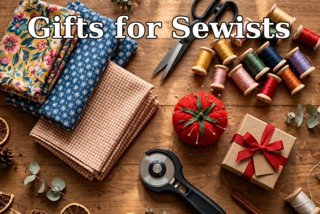 Sewing gift ideas flat lay with fabric, scissors, thread and a gift box