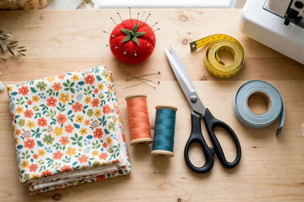 Apron sewing supplies laid out on a table