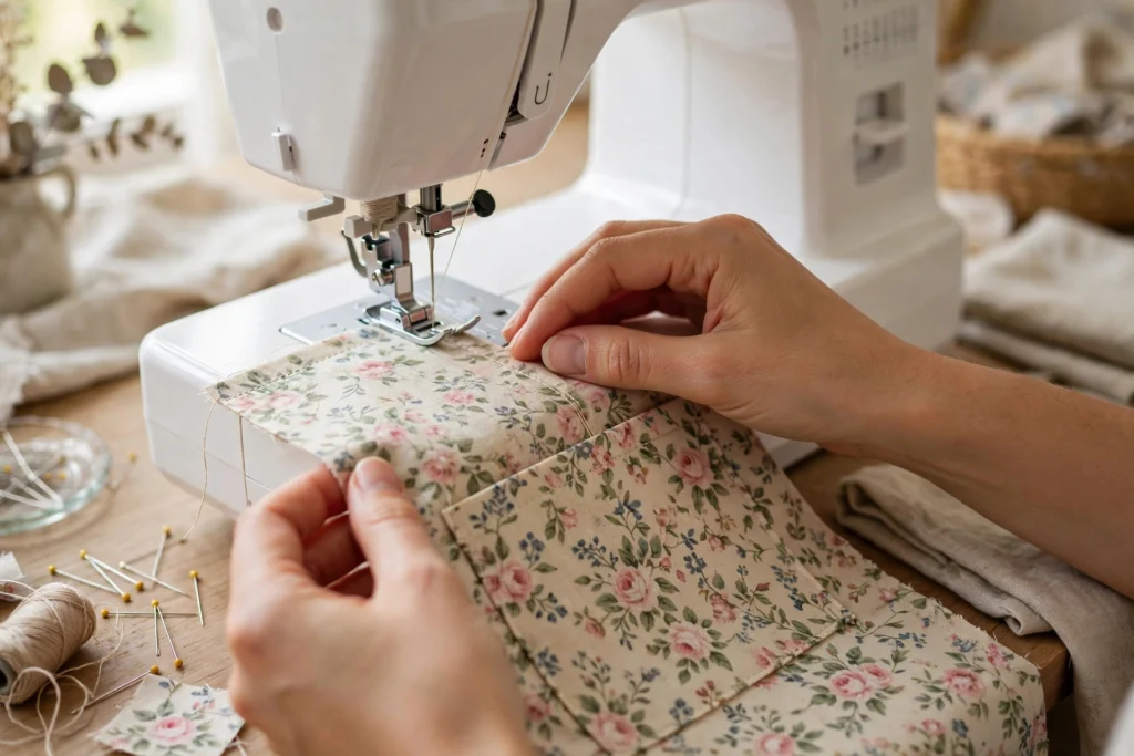 Sewing the pocket onto the apron