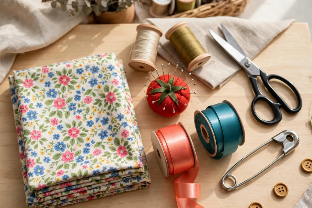 Drawstring bag sewing supplies laid out on a table
