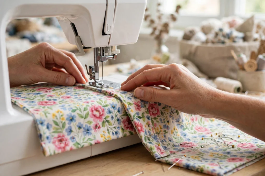 Stitching the drawstring casing at the sewing machine