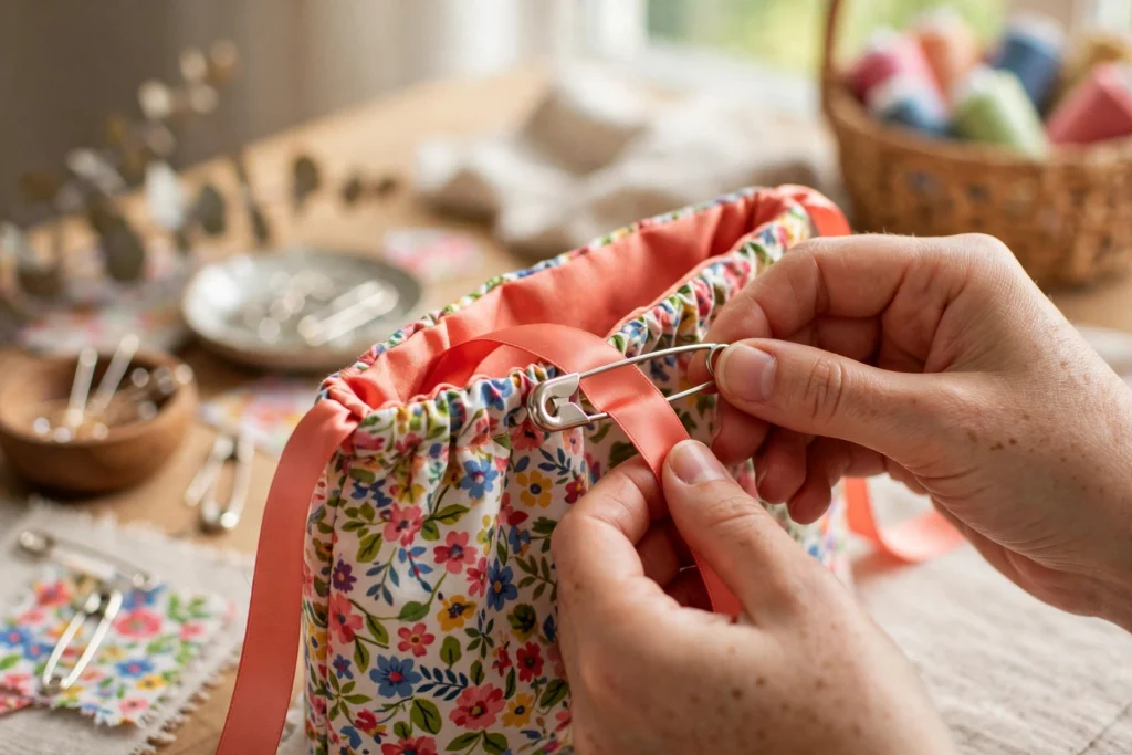 Threading the ribbon drawstring through the casing