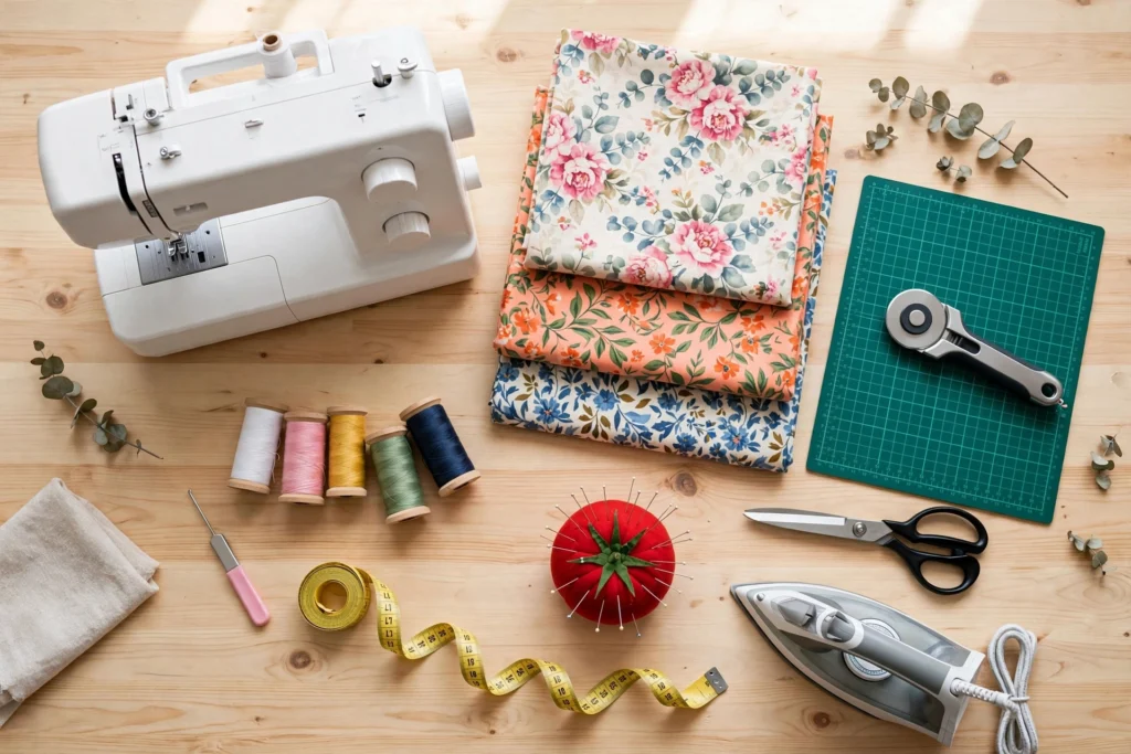 Beginner sewing kit supplies laid out on a table